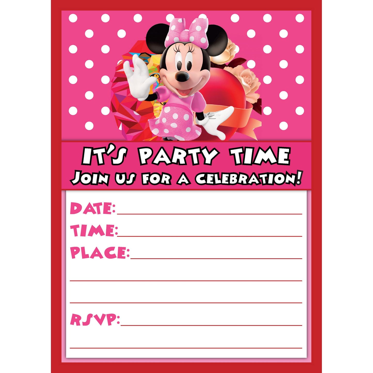 Set of 20 Minne mouse Birthday Invitation Cards & Envelopes