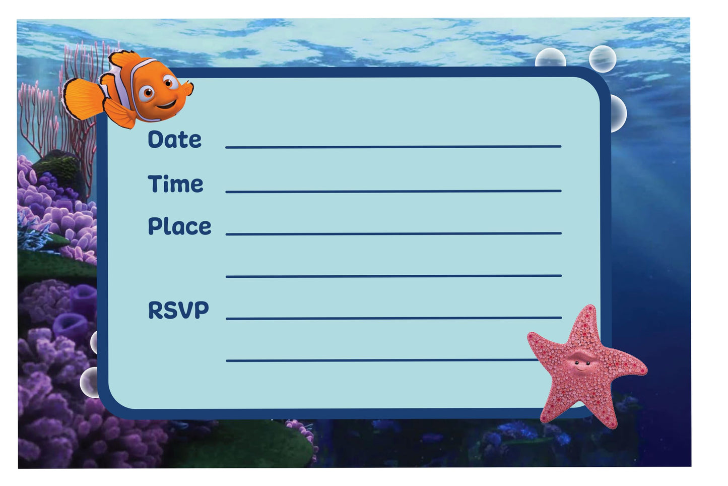 Set of 20 Finding Nemo Birthday Invitation Cards & Envelopes