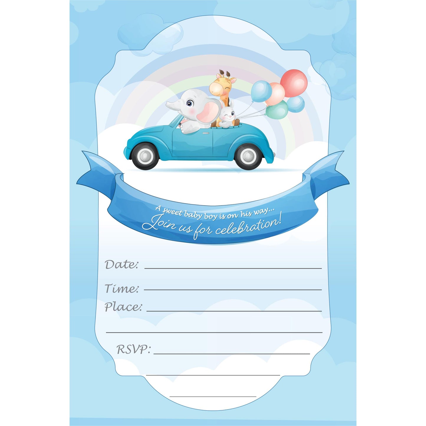 Set of 20 Baby Shower Boy Birthday Invitation Cards & Envelopes