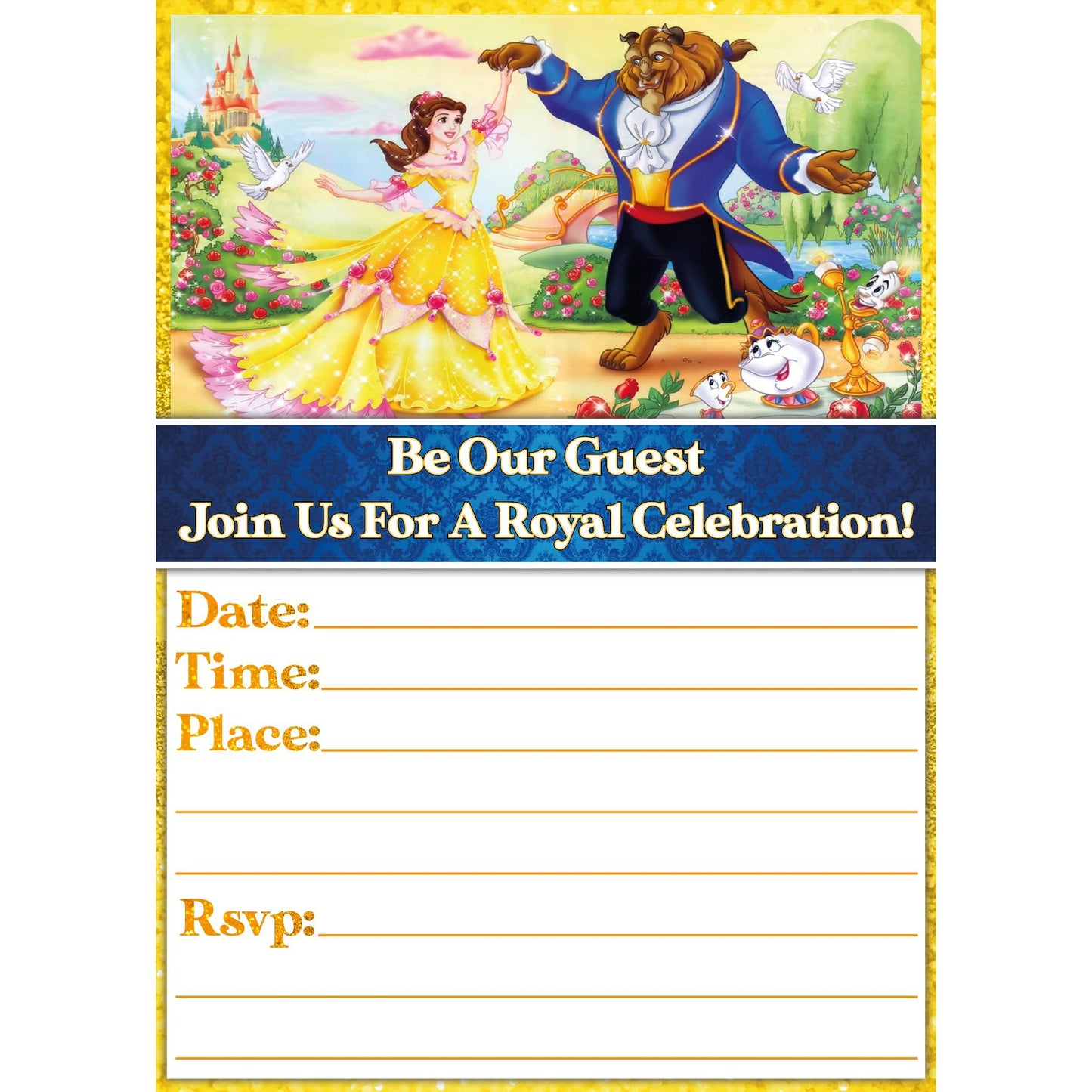 Set of 20 Beauty And The Beast Birthday Invitation Cards & Envelopes