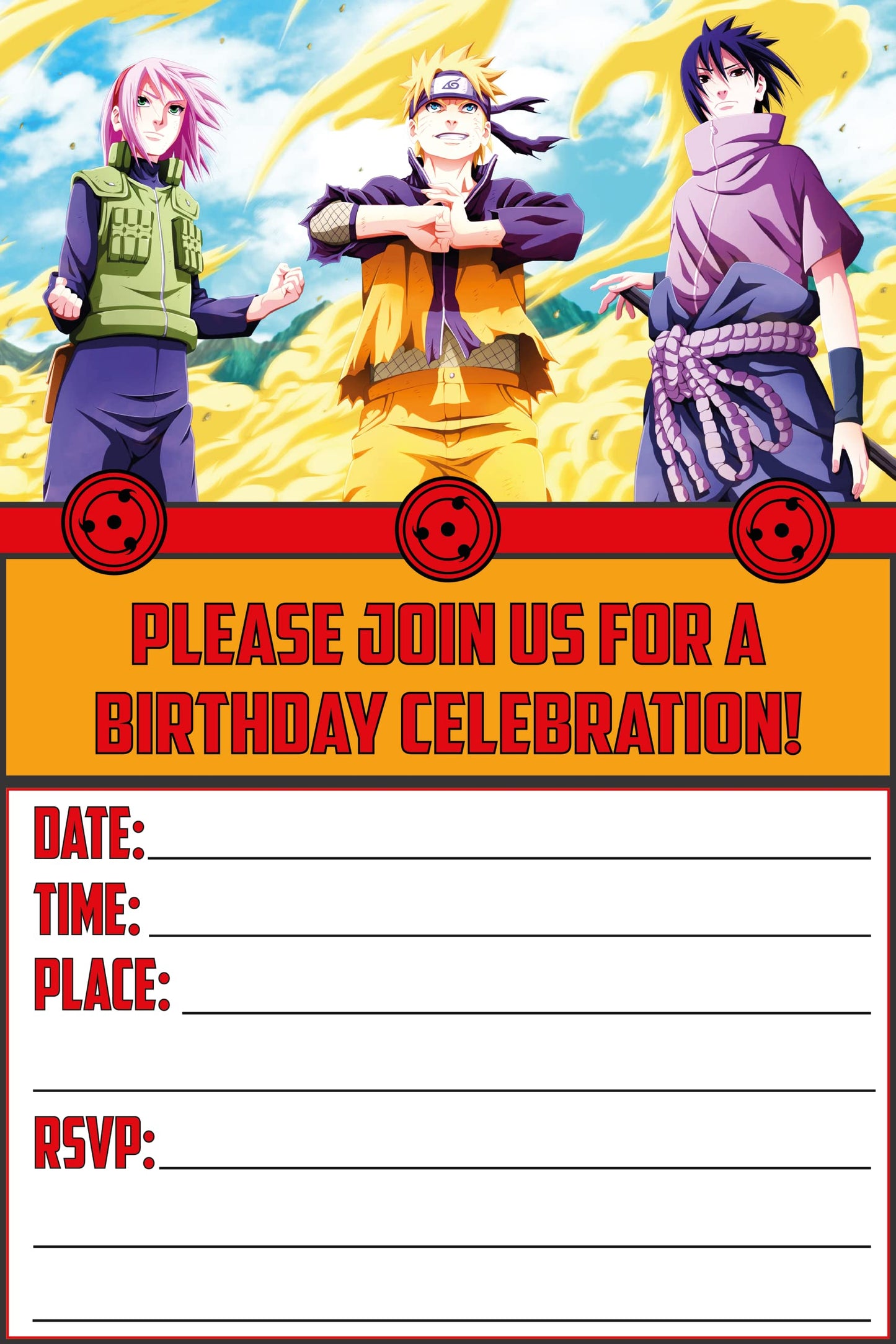 Set of 20 Naruto Birthday Invitation Cards & Envelopes