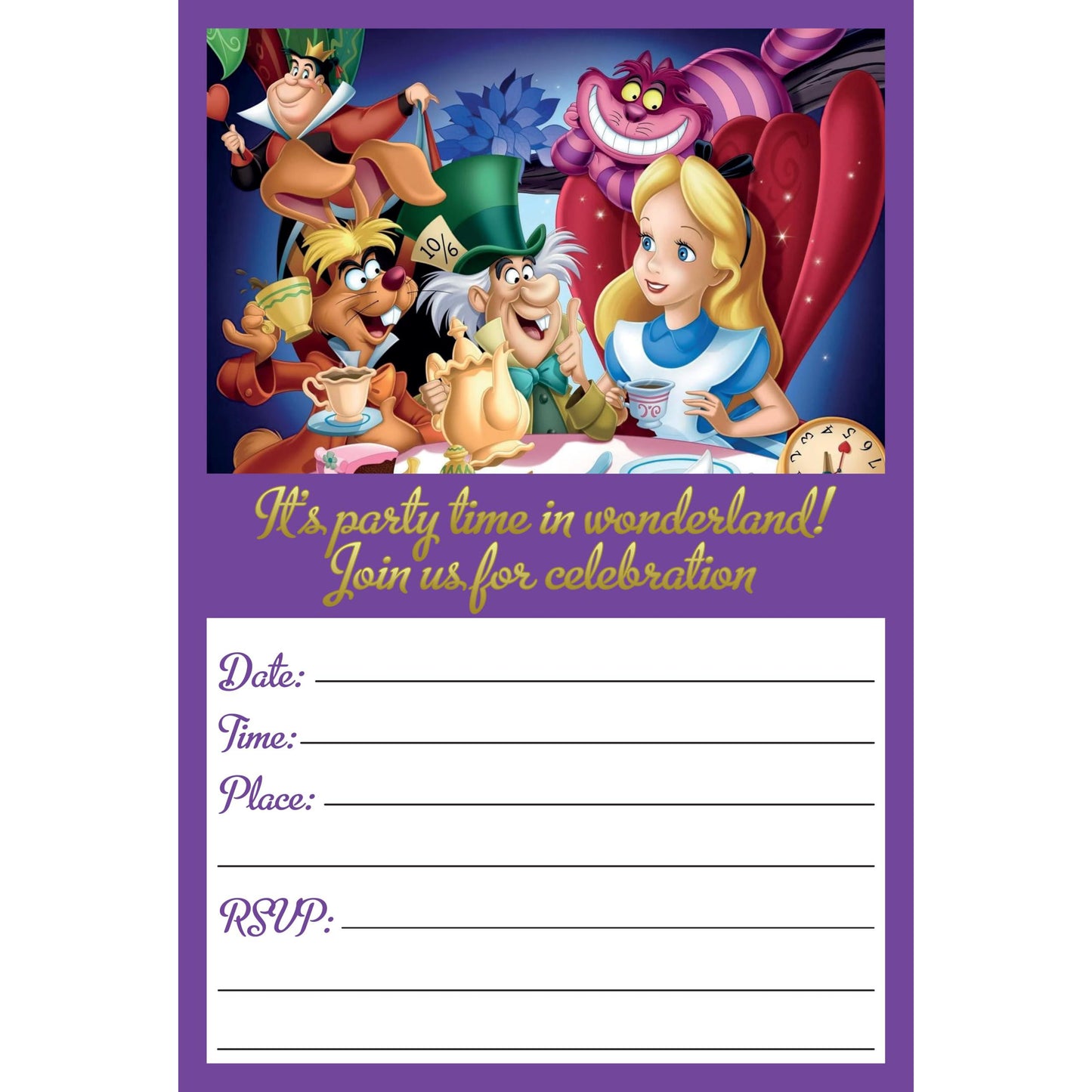Set of 20 Alice in Wonderland Birthday Invitation Cards & Envelopes