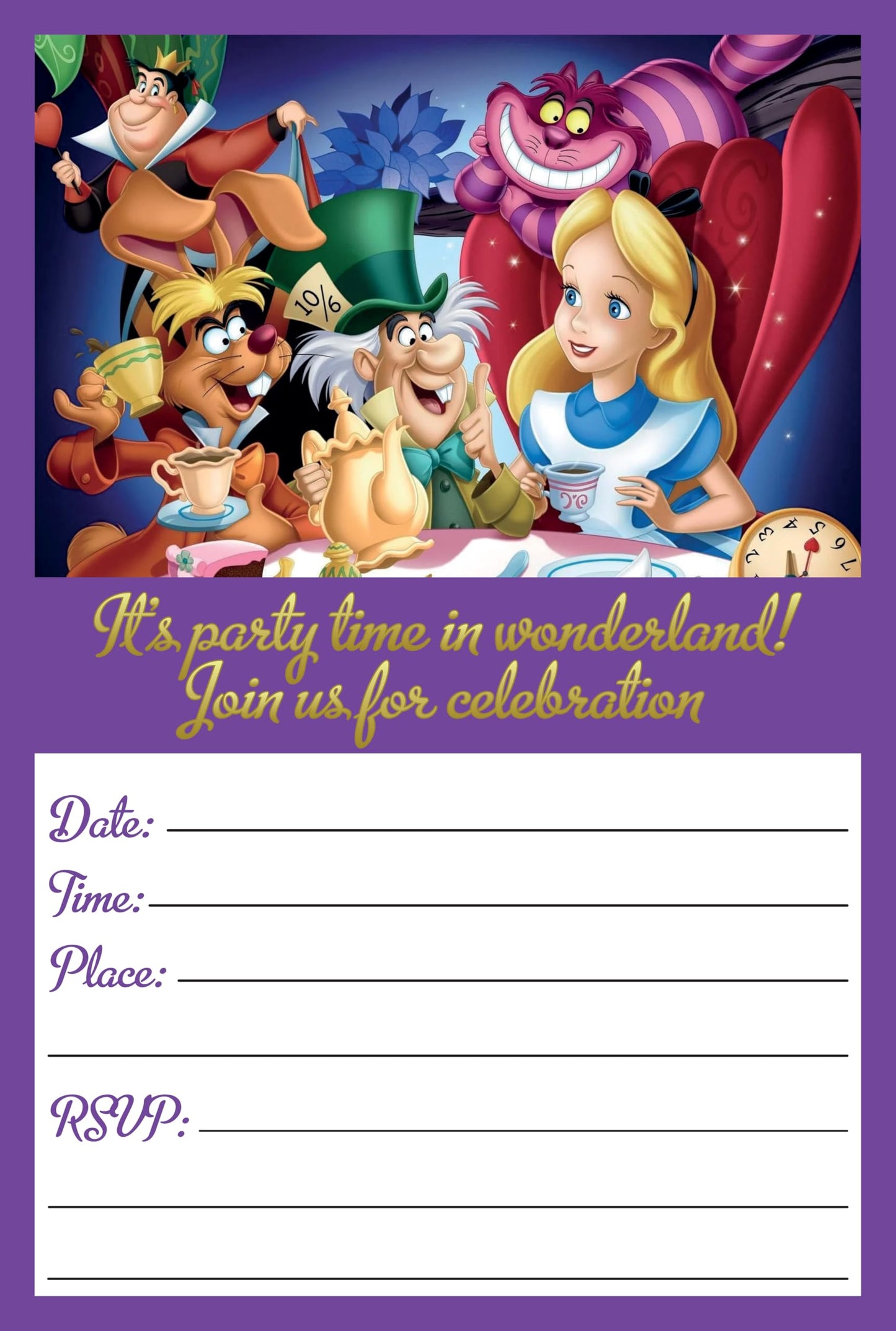 Set of 20 Alice in Wonderland Birthday Invitation Cards & Envelopes
