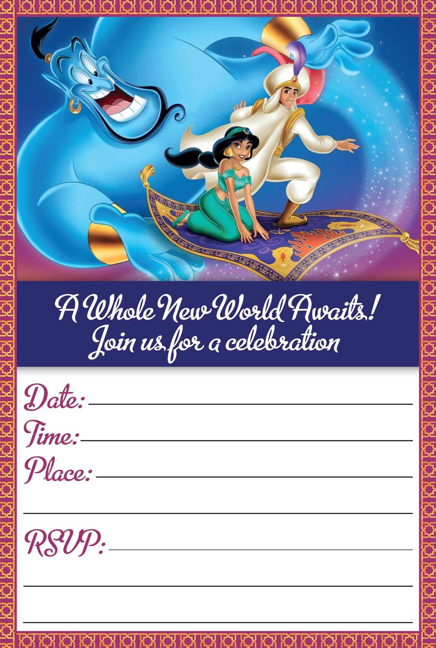 Set of 20 Aladdin Birthday Invitation Cards & Envelopes
