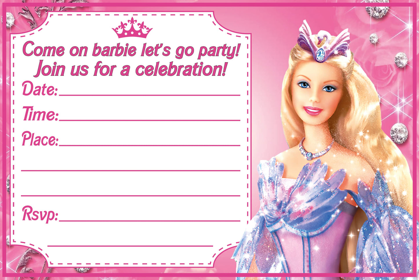 Set of 30 Barbie Birthday Invitation Cards & Envelopes