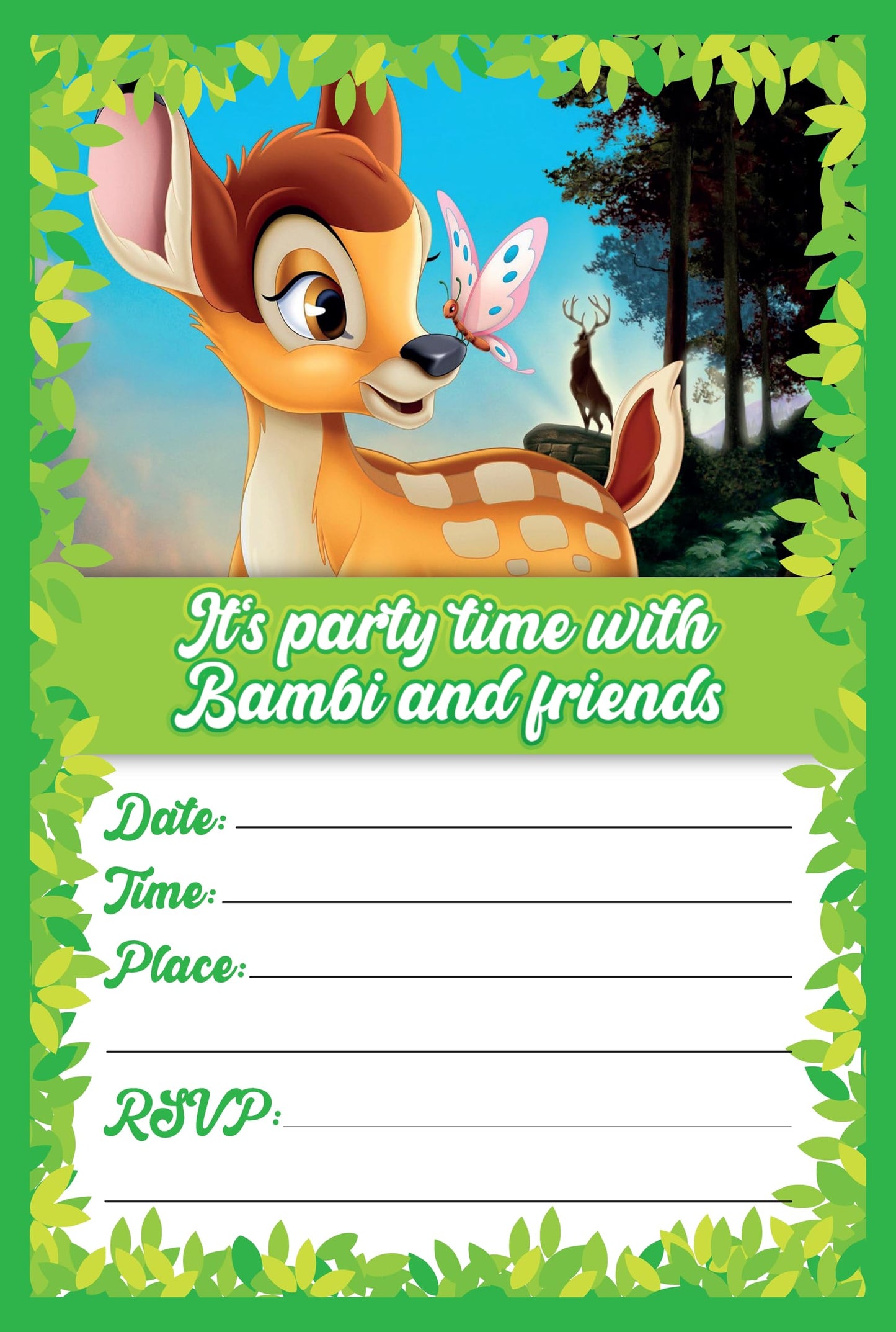 Set of 20 Bambi Birthday Invitation Cards & Envelopes