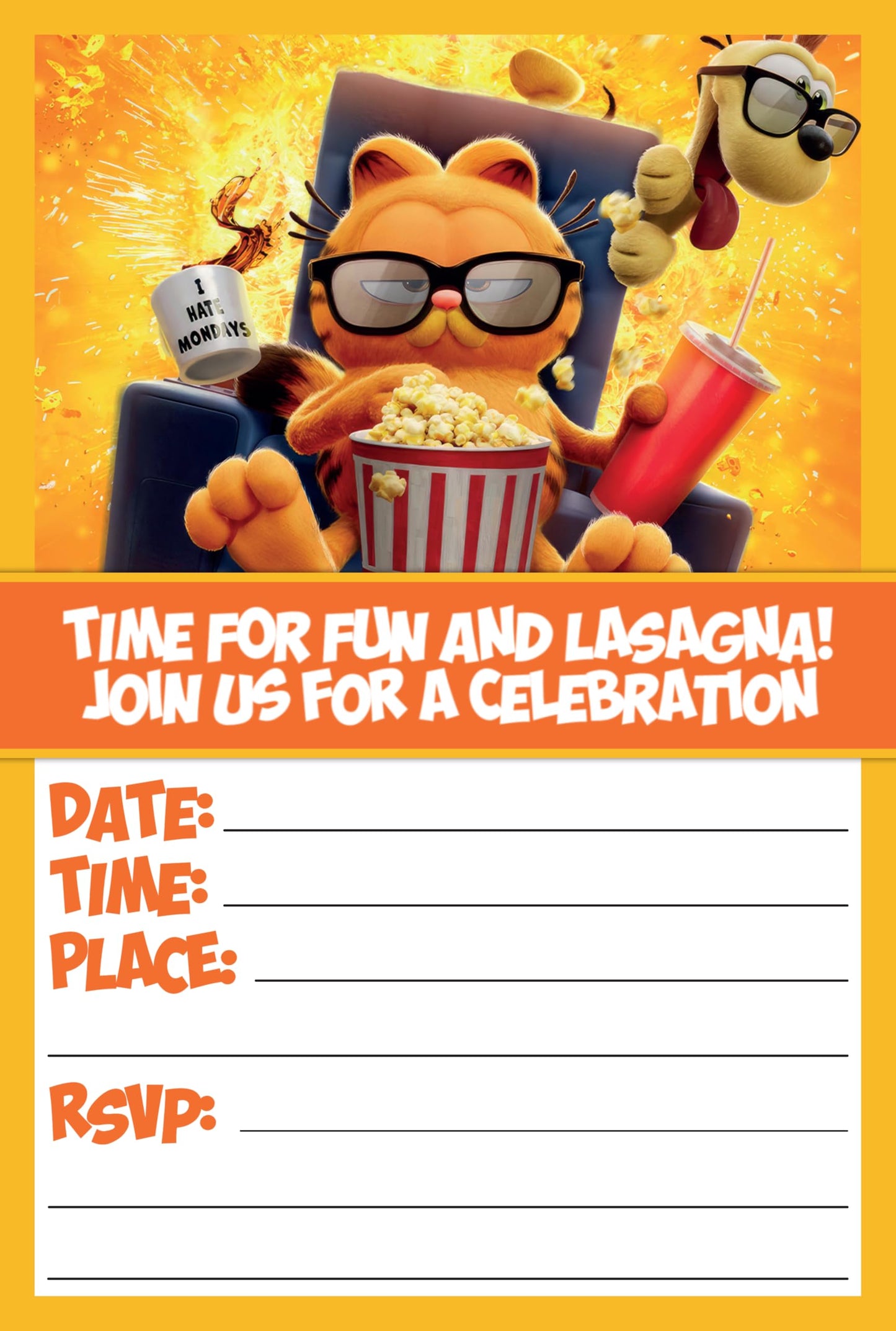 Set of 20 garfield Birthday Invitation Cards & Envelopes