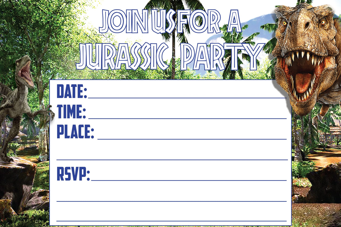 Set of 20 Jurassic World Birthday Invitation Cards & Envelopes