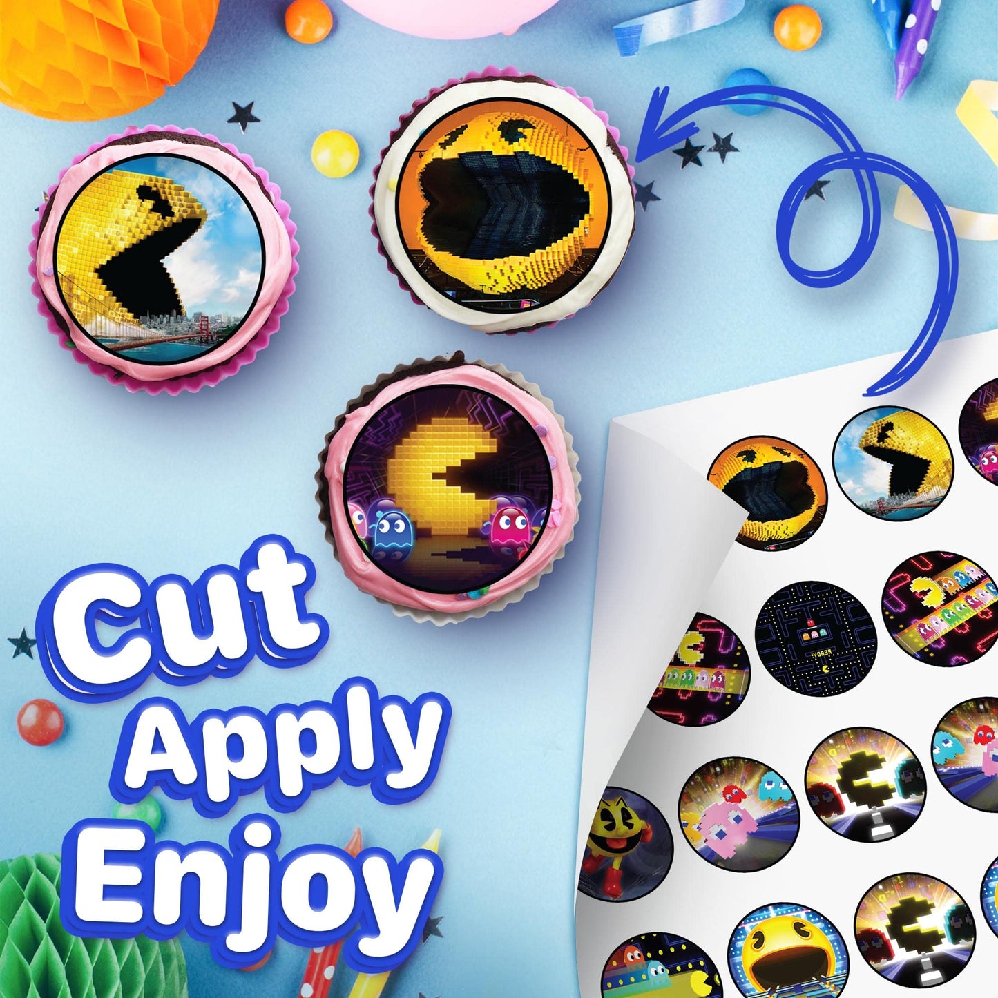30x Wafer Paper Pacman Edible Cupcake Topper