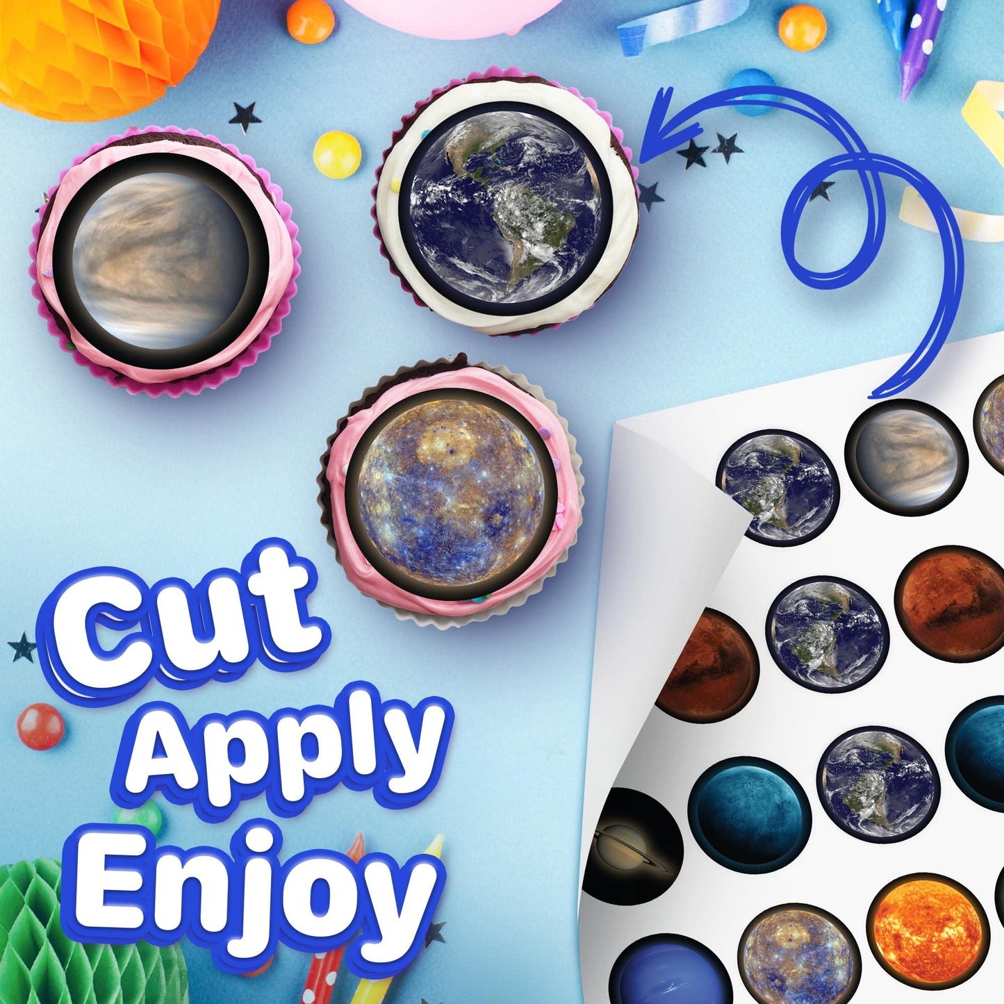 30x Wafer Paper Planet Edible Cupcake Topper