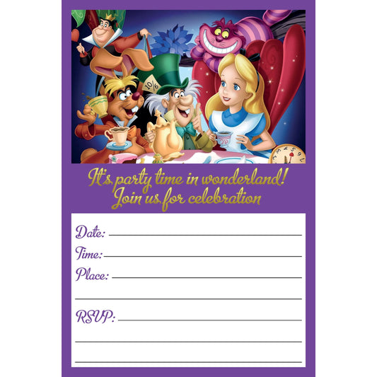 Set of 20 Alice in Wonderland Birthday Invitation Cards & Envelopes