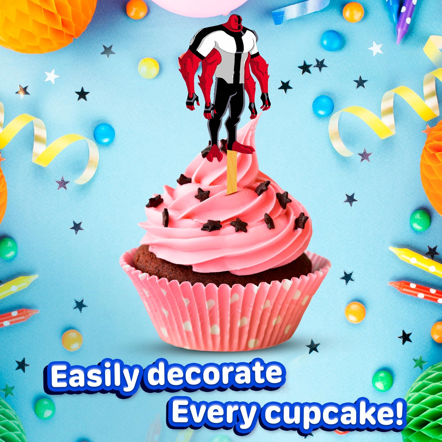 24x Galactic Hero Cupcake Toppers – Strong Picks Happy Birthday Décor, Cupcake Decorations for Kids Birthdays