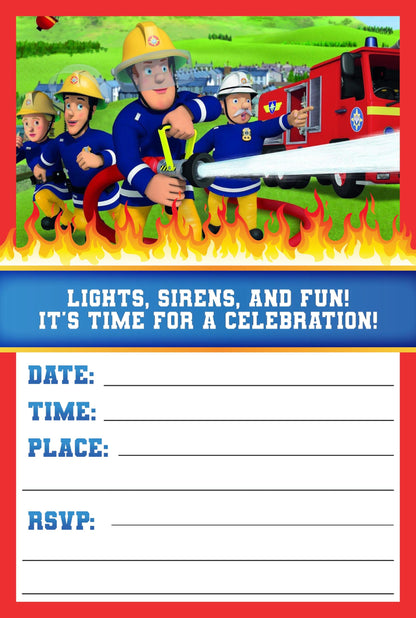 Set of 20 Fireman Sam Birthday Invitation Cards & Envelopes