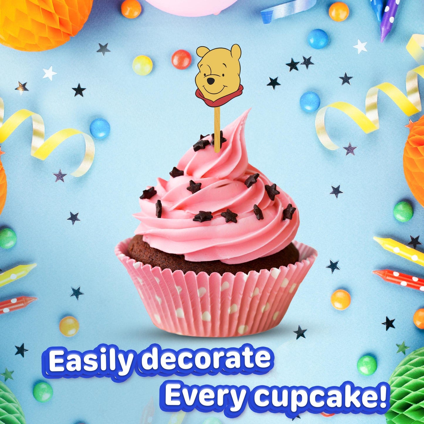 24x Honey Bear Cupcake Toppers – Strong Picks Happy Birthday Décor, Cupcake Decorations for Kids' Birthdays