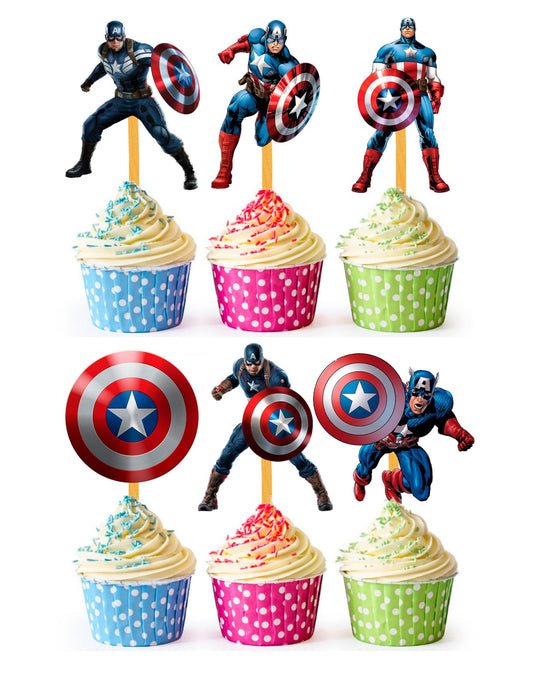 24x Super Soldier America Cupcake Toppers – Strong Picks Happy Birthday Décor, Cupcake Decorations for Kids Birthdays