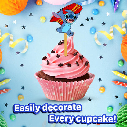 24x Lilo Kids Fun Cupcake Toppers – Strong Picks Happy Birthday Décor, Cupcake Decorations for Kids' Birthdays