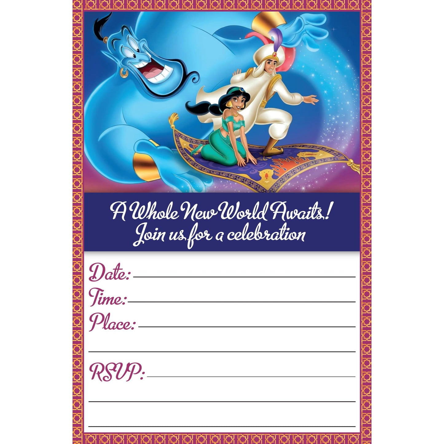 Set of 20 Aladdin Birthday Invitation Cards & Envelopes